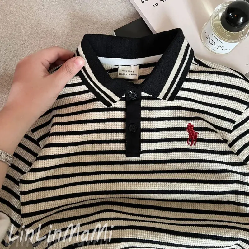 2025 Boys Striped Polo Shirt Beige Black - Image 13