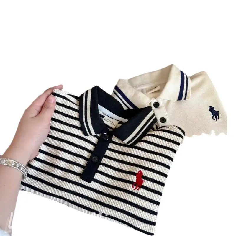 2025 Boys Striped Polo Shirt Beige Black - Image 15