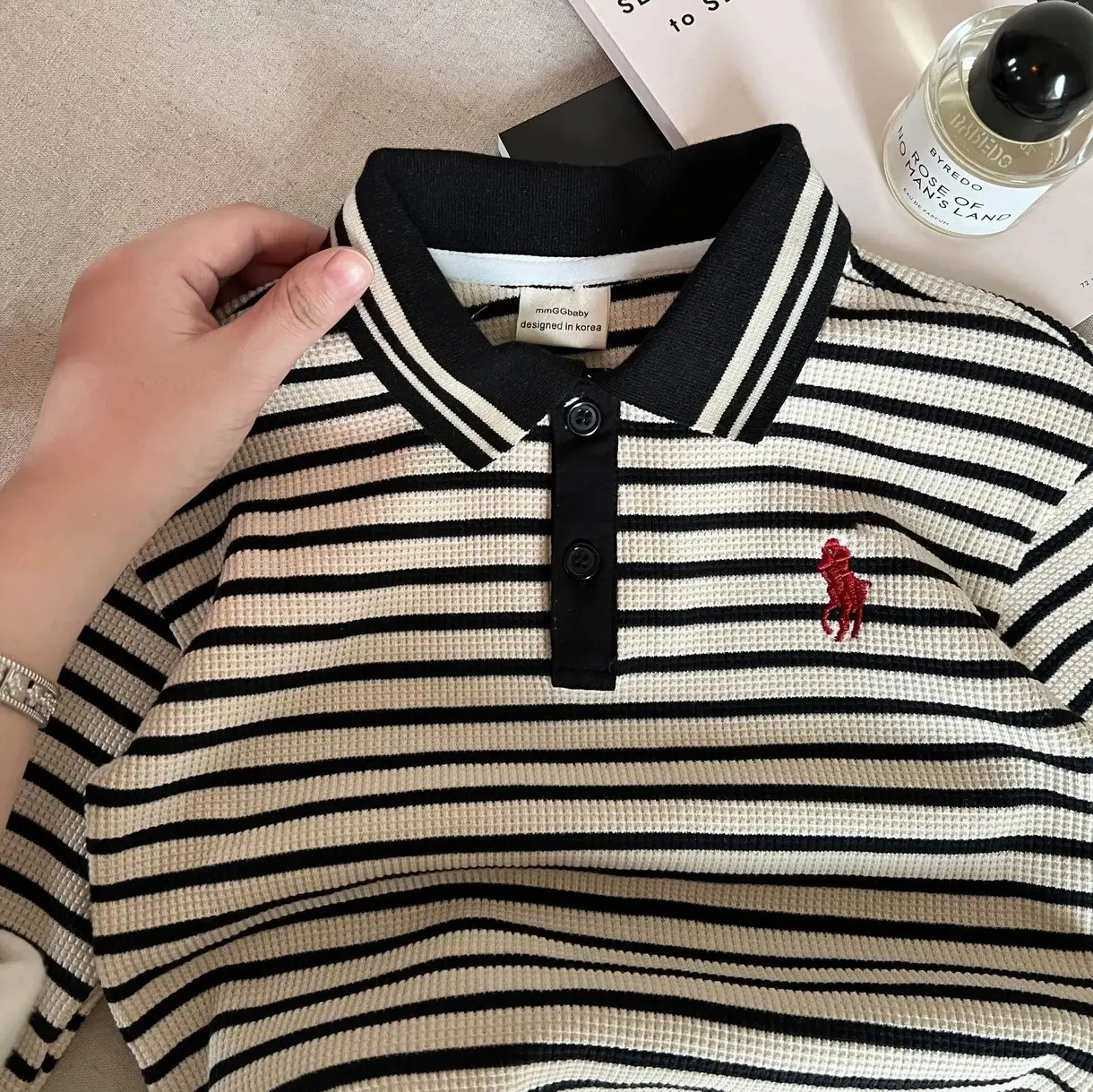 2025 Boys Striped Polo Shirt Beige Black — feature 15