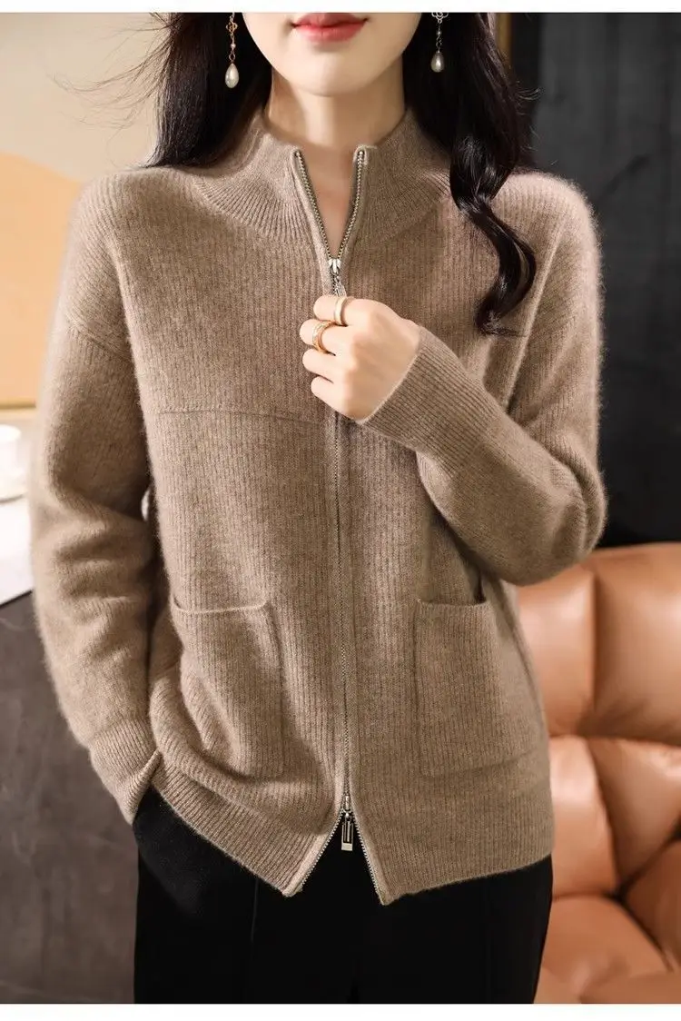 Pink Knitted Double Zipper Cardigan for Women — feature 7