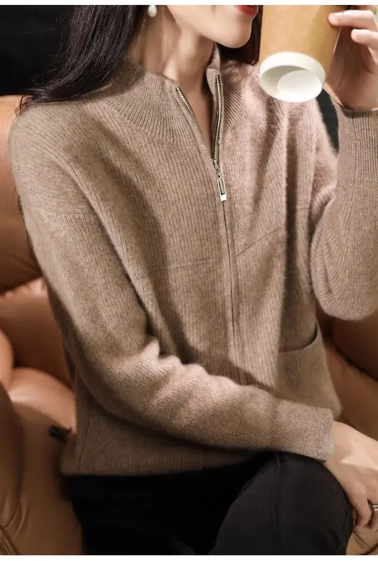 Pink Knitted Double Zipper Cardigan for Women — feature 8