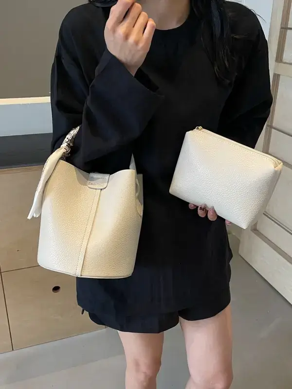Brown Litchi Satchel Bucket Bag for Women - Image 7