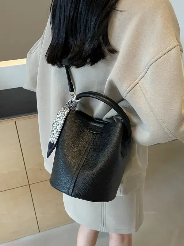 Brown Litchi Satchel Bucket Bag for Women - Image 8