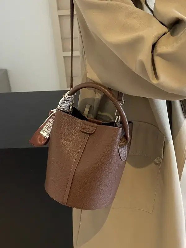 Brown Litchi Satchel Bucket Bag for Women - Image 9