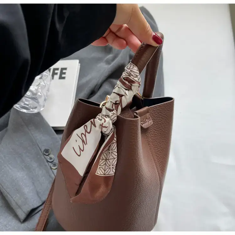 Brown Litchi Satchel Bucket Bag for Women — feature 10