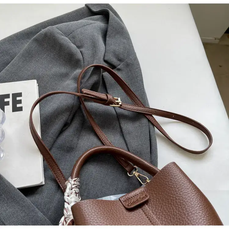 Brown Litchi Satchel Bucket Bag for Women — feature 12