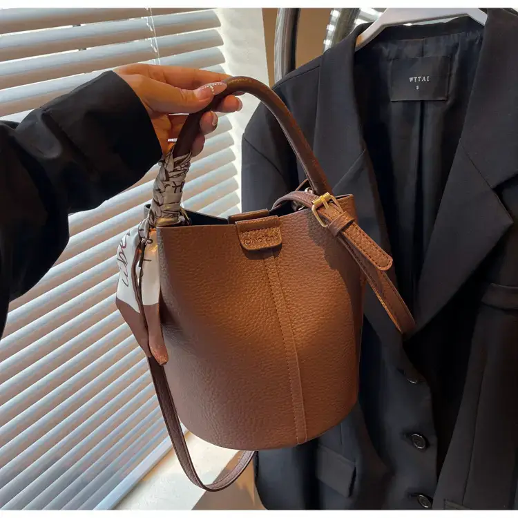 Brown Litchi Satchel Bucket Bag for Women — feature 13