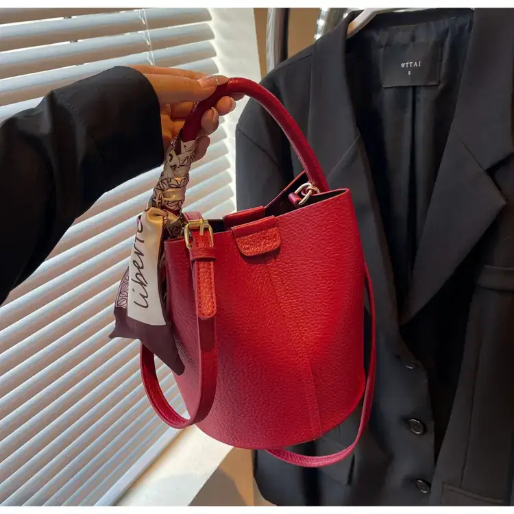 Brown Litchi Satchel Bucket Bag for Women — feature 14