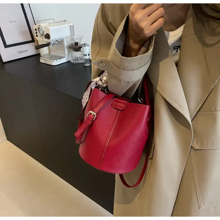 Brown Litchi Satchel Bucket Bag for Women — feature 17