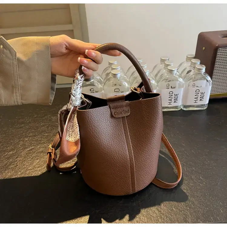 Brown Litchi Satchel Bucket Bag for Women — feature 23