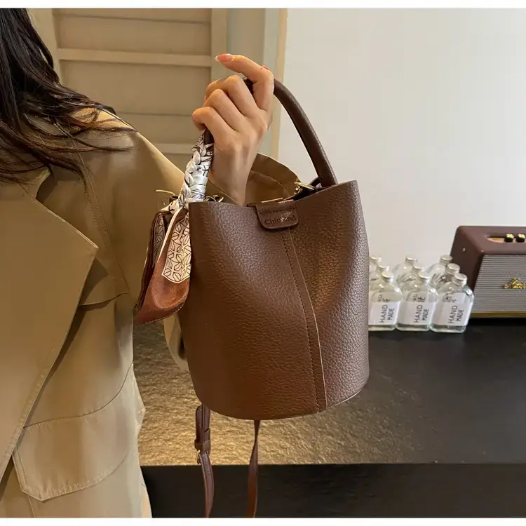 Brown Litchi Satchel Bucket Bag for Women — feature 24