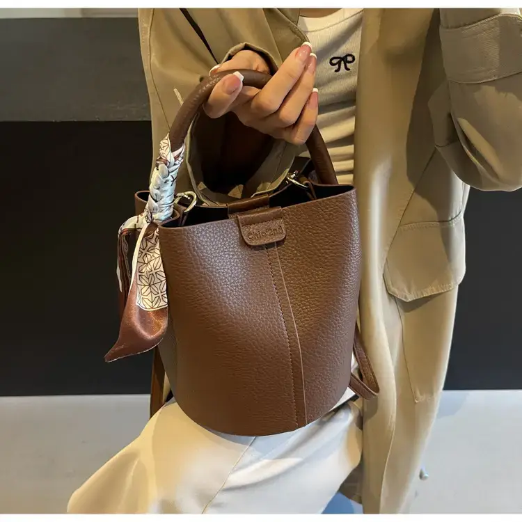 Brown Litchi Satchel Bucket Bag for Women — feature 25