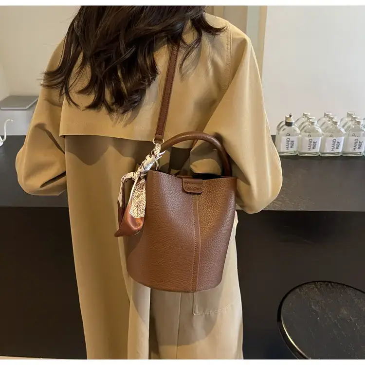 Brown Litchi Satchel Bucket Bag for Women — feature 26