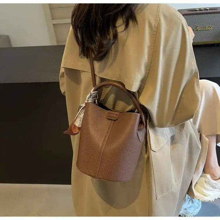 Brown Litchi Satchel Bucket Bag for Women — feature 29