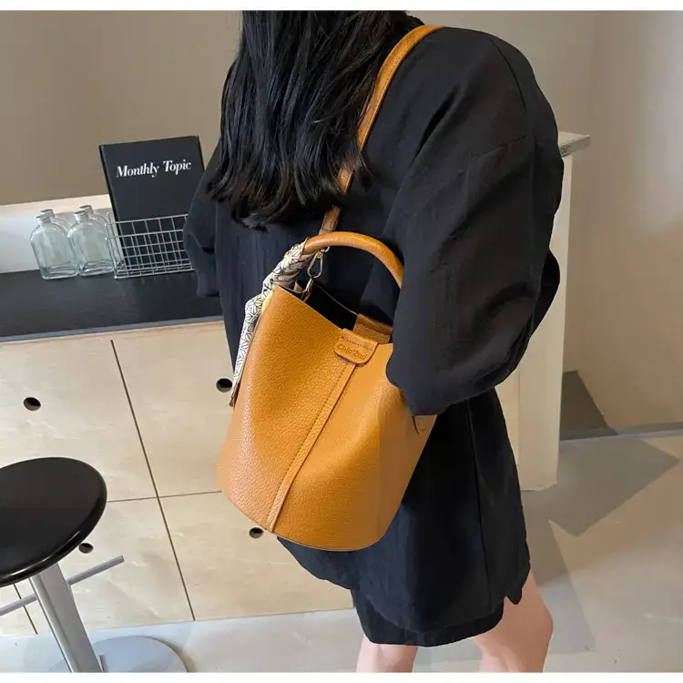 Brown Litchi Satchel Bucket Bag for Women — feature 33