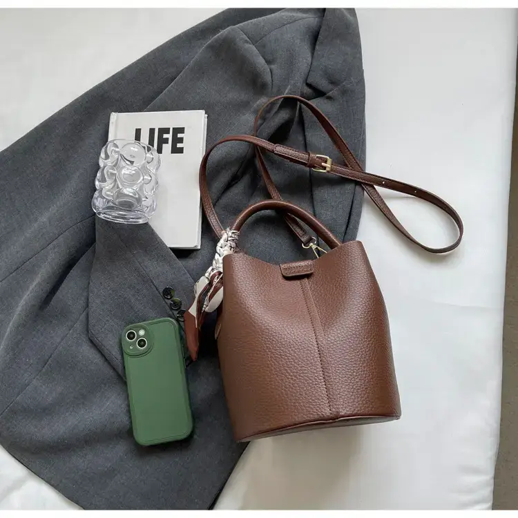 Brown Litchi Satchel Bucket Bag for Women — feature 6