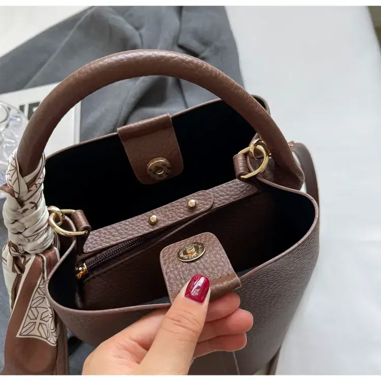 Brown Litchi Satchel Bucket Bag for Women — feature 8