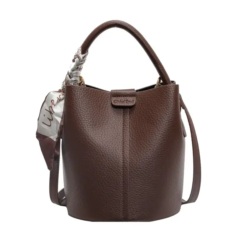 Brown Litchi Satchel Bucket Bag for Women - Image 3