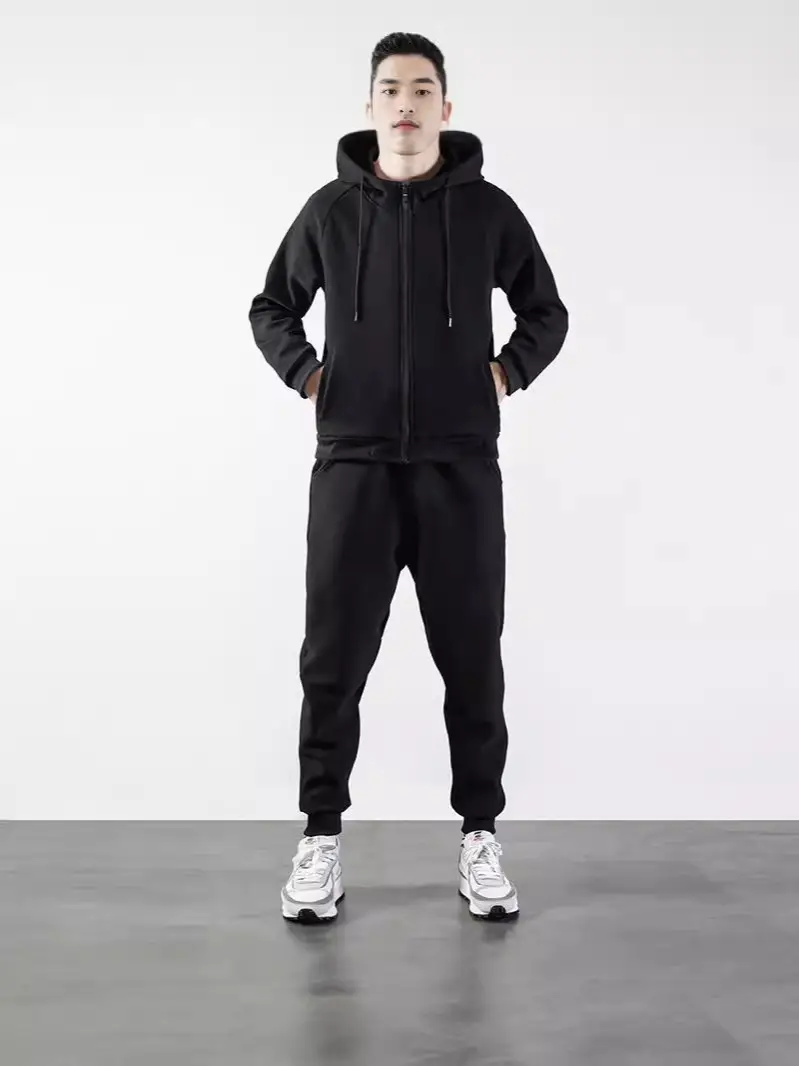 Black Hooded Sweatshirt Set for Men Casual Wear