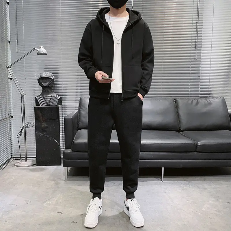Black Hooded Sweatshirt Set for Men Casual Wear