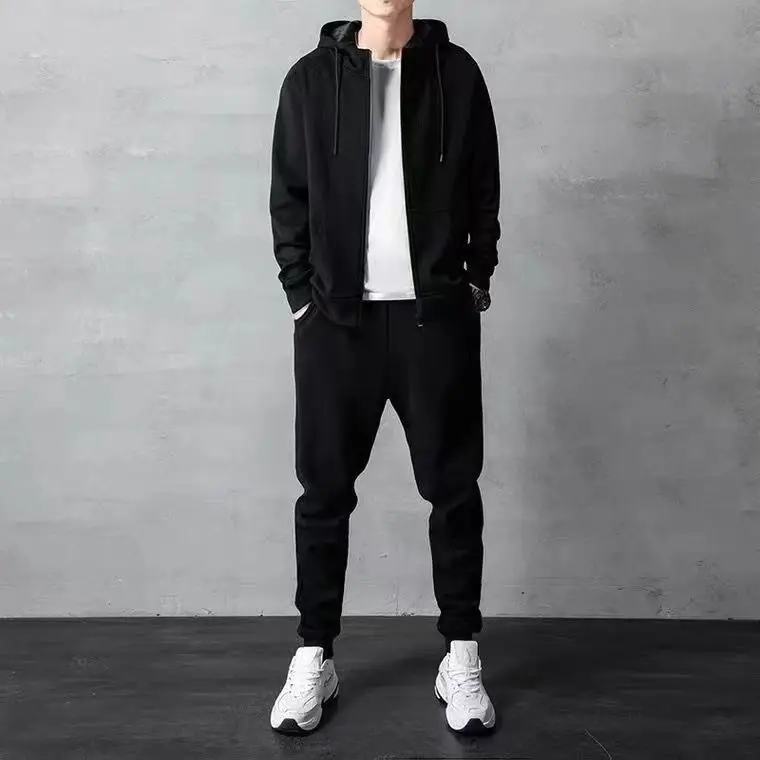 Black Hooded Sweatshirt Set for Men Casual Wear