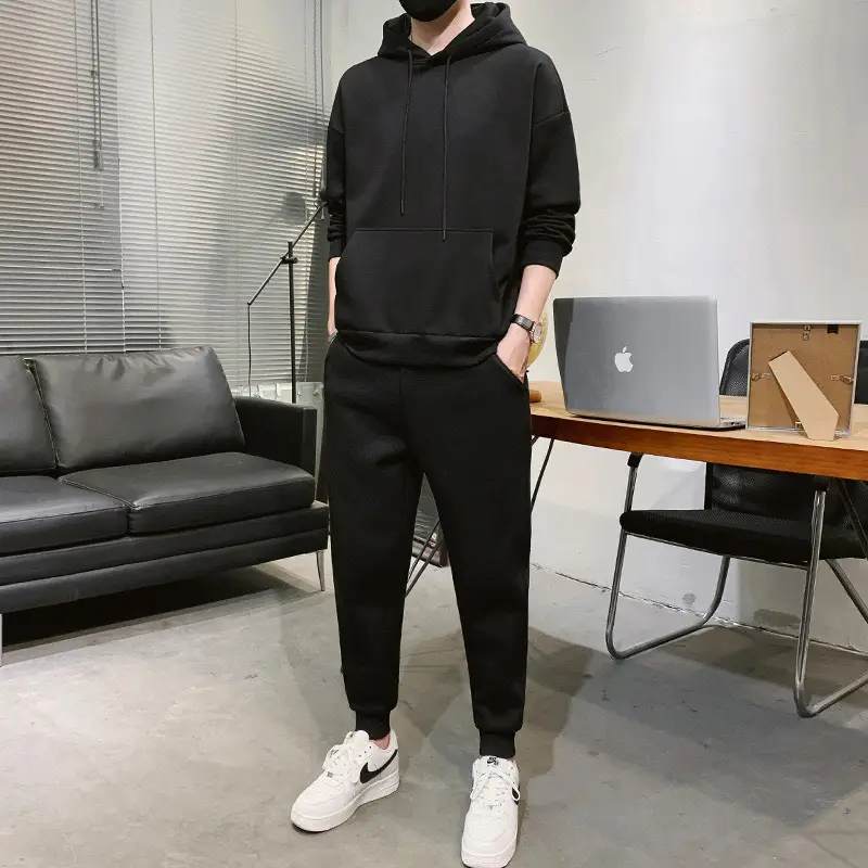 Black Hooded Sweatshirt Set for Men Casual Wear