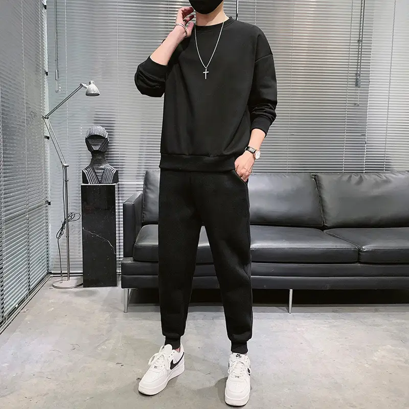 Black Hooded Sweatshirt Set for Men Casual Wear