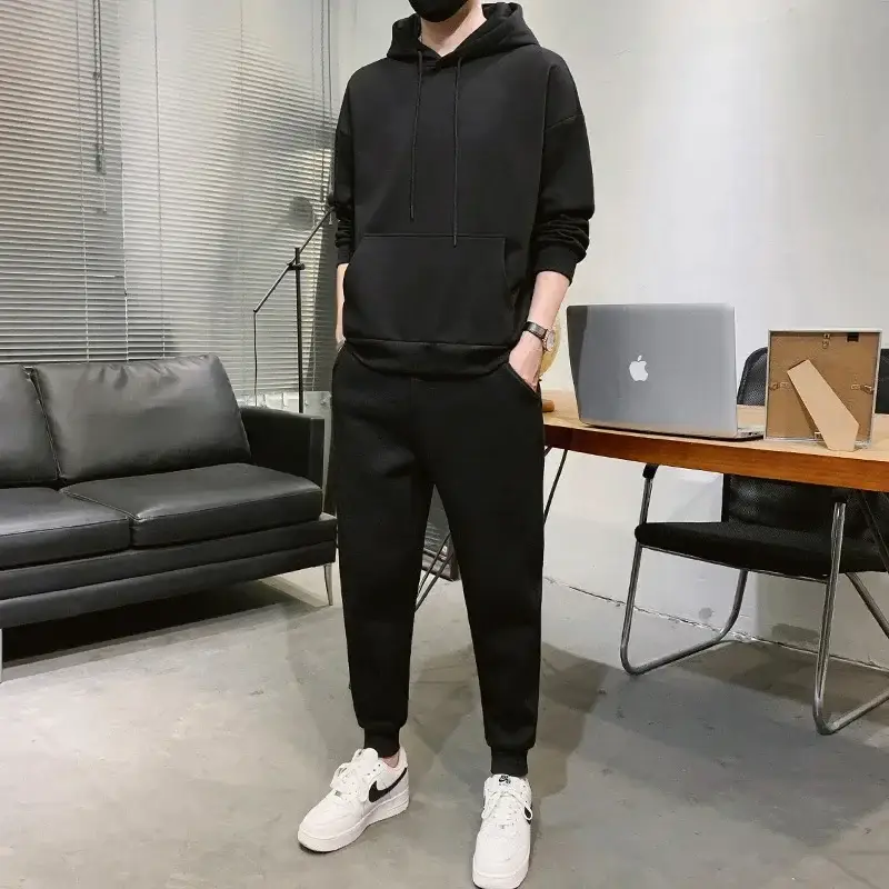 Black Hooded Sweatshirt Set for Men Casual Wear