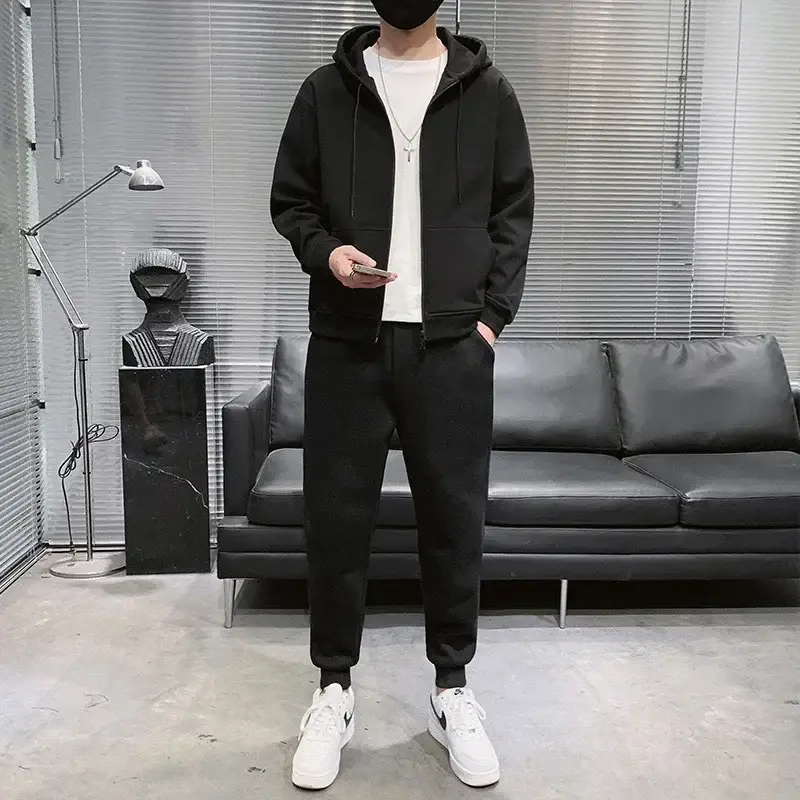Black Hooded Sweatshirt Set for Men Casual Wear