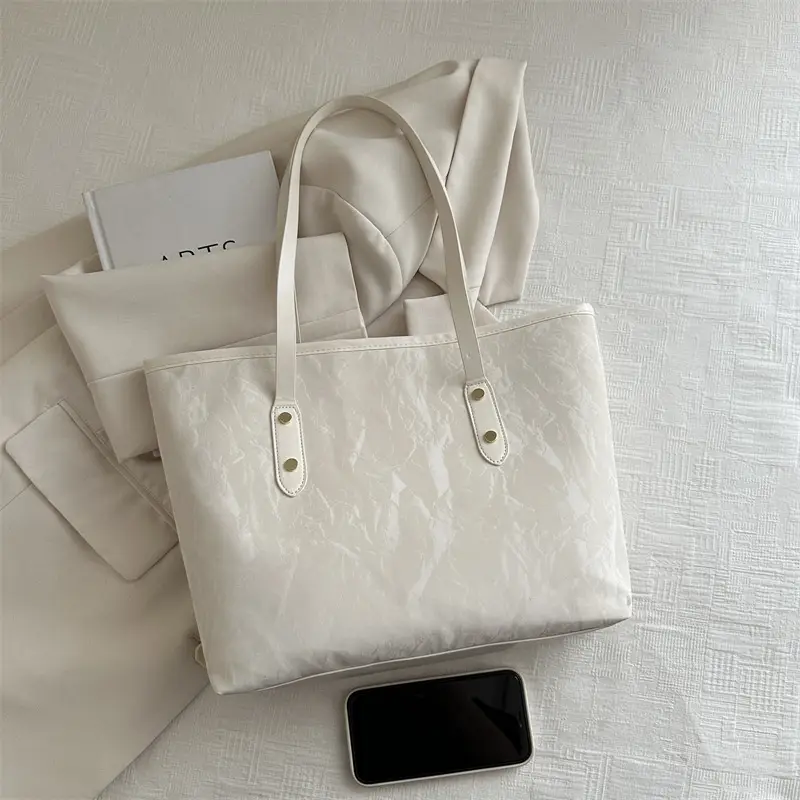 White Embroidered Tote Bag for Women Large Capacity Commuter Bag - Image 11