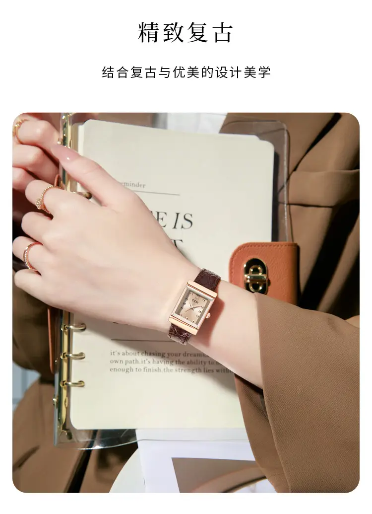 Gold Vintage Square Plate Women's Pebble Strap Quartz Watch — feature 4