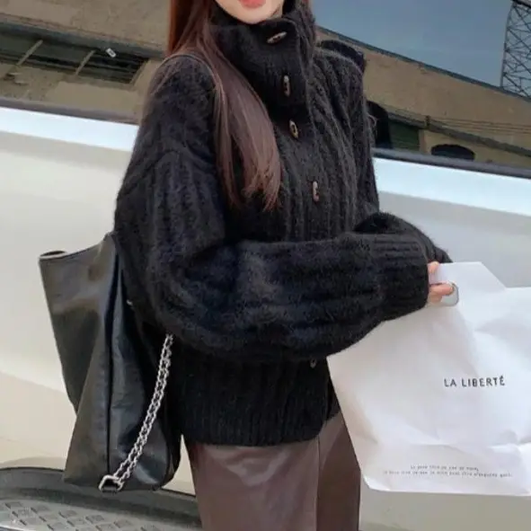 Women's Winter Turtleneck Sweater Grey Loose Coat