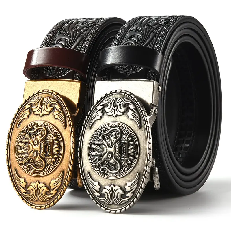 Men's Carved Leather Belt with Gold & Silver Buckles - Image 27