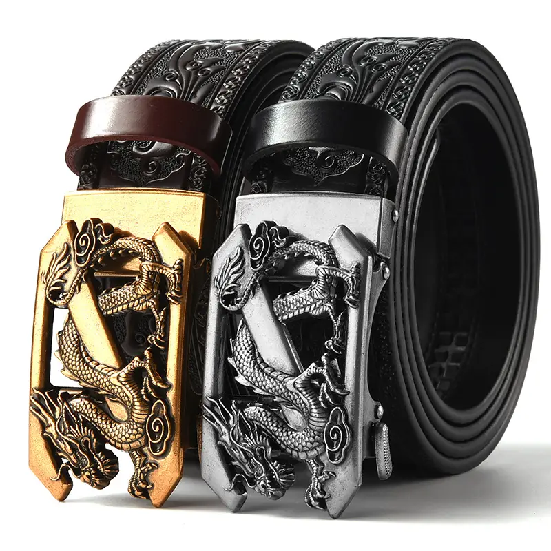 Men's Carved Leather Belt with Gold & Silver Buckles - Image 29