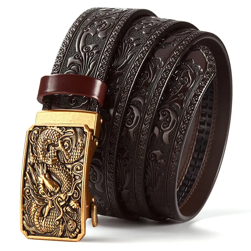 Men's Carved Leather Belt with Gold & Silver Buckles — feature 10