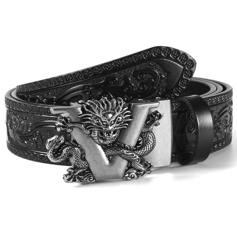 Men's Carved Leather Belt with Gold & Silver Buckles — feature 11