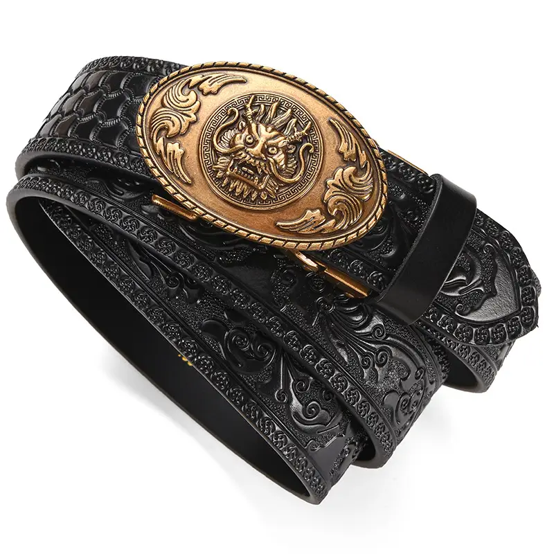Men's Carved Leather Belt with Gold & Silver Buckles — feature 12