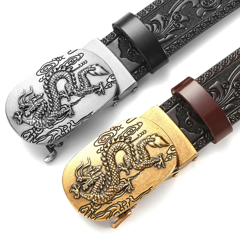 Men's Carved Leather Belt with Gold & Silver Buckles — feature 7