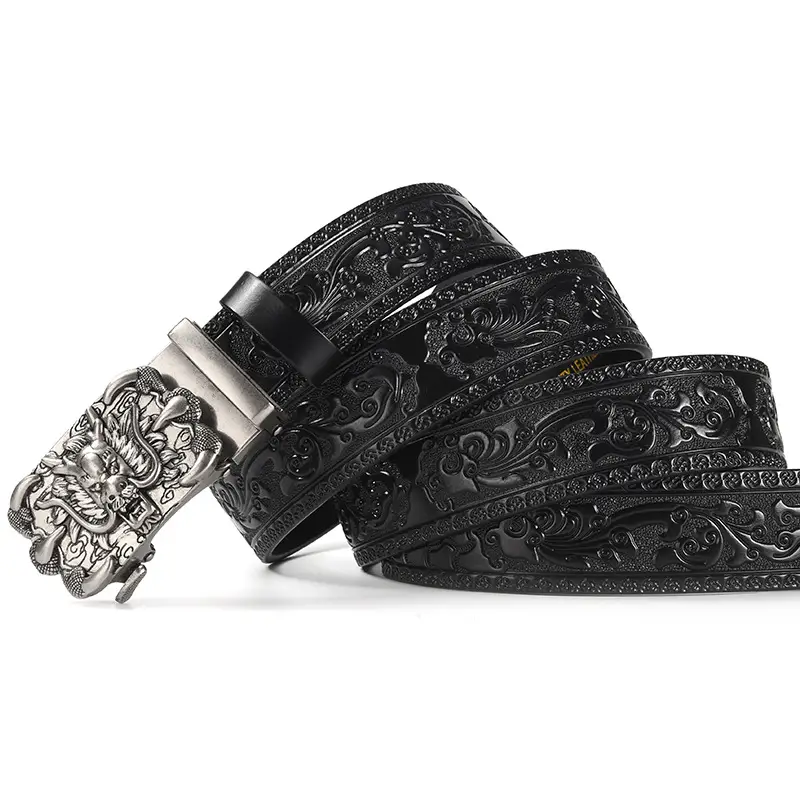 Men's Carved Leather Belt with Gold & Silver Buckles — feature 8