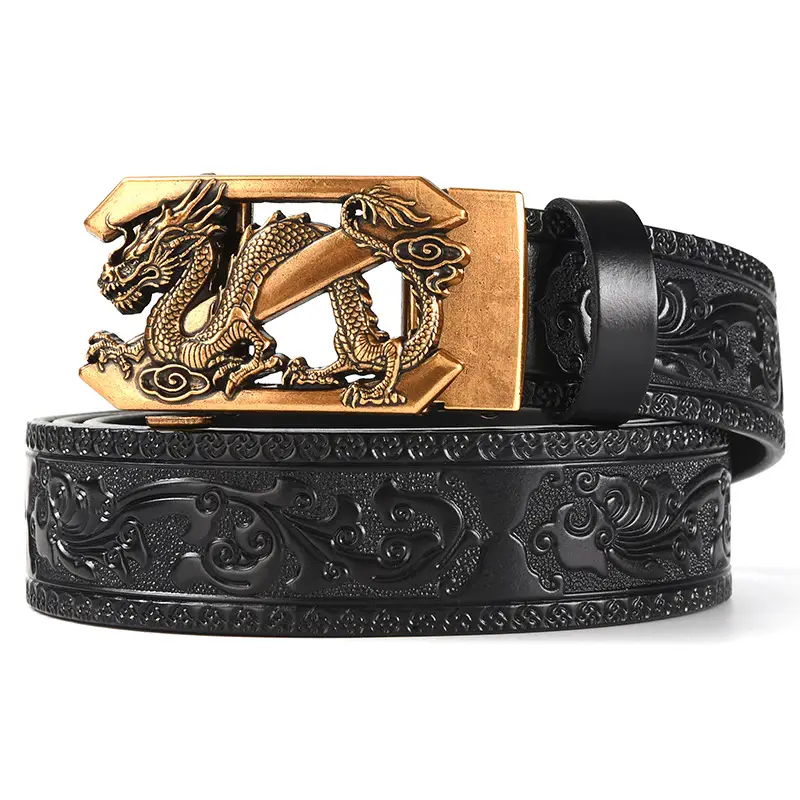 Men's Carved Leather Belt with Gold & Silver Buckles — feature 9