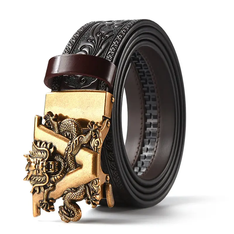 Men's Carved Leather Belt with Gold & Silver Buckles - Image 10