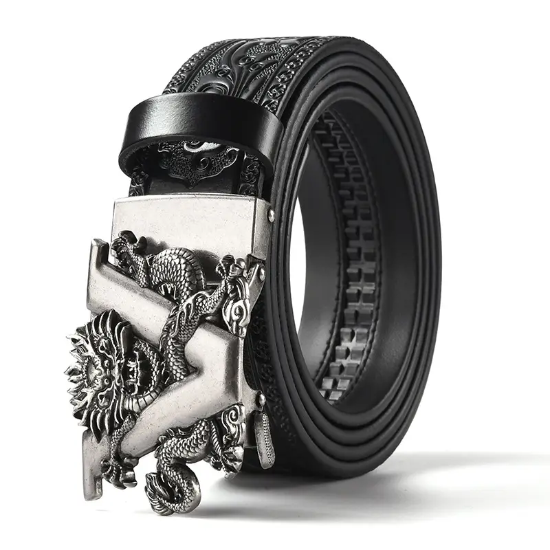 Men's Carved Leather Belt with Gold & Silver Buckles - Image 11