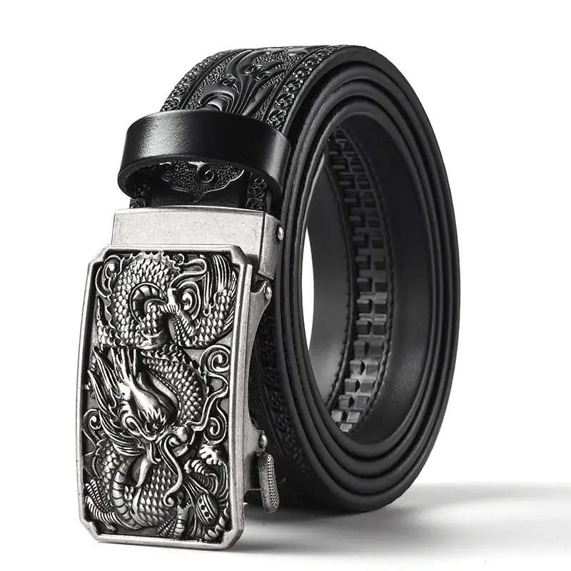 Men's Carved Leather Belt with Gold & Silver Buckles - Image 15