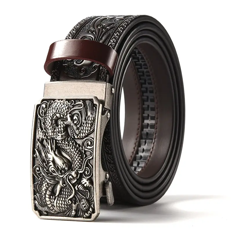 Men's Carved Leather Belt with Gold & Silver Buckles - Image 16