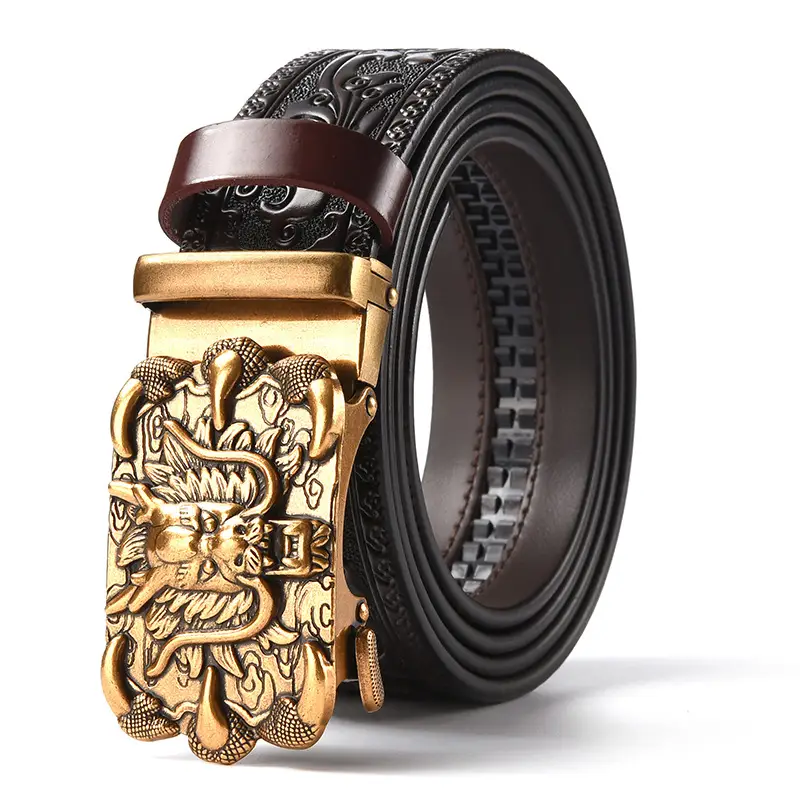 Men's Carved Leather Belt with Gold & Silver Buckles - Image 2