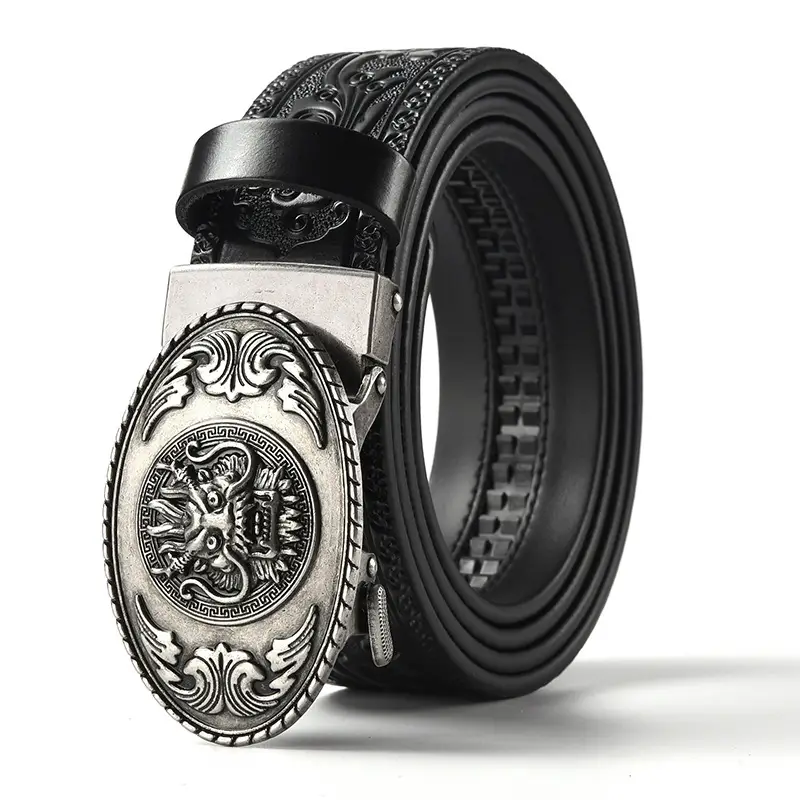 Men's Carved Leather Belt with Gold & Silver Buckles - Image 23
