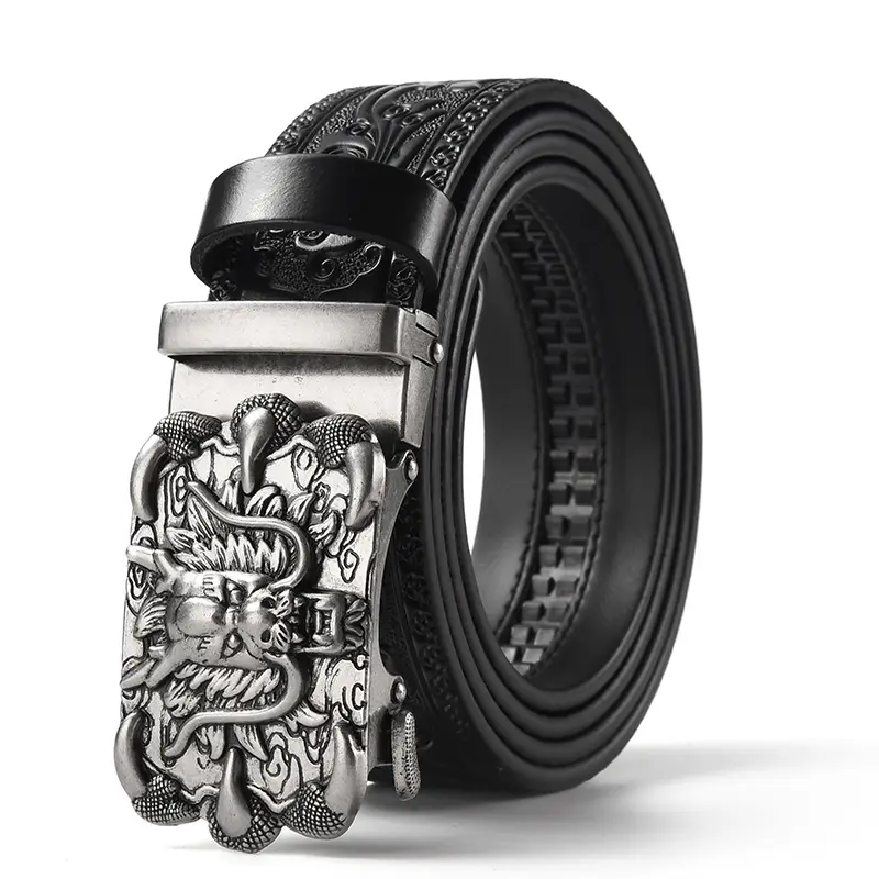 Men's Carved Leather Belt with Gold & Silver Buckles - Image 3