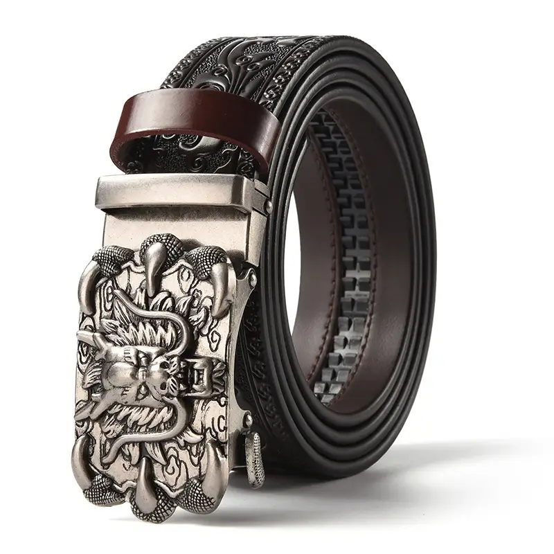 Men's Carved Leather Belt with Gold & Silver Buckles - Image 4