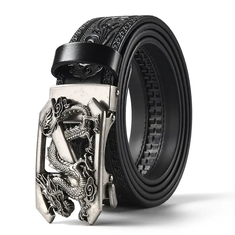Men's Carved Leather Belt with Gold & Silver Buckles - Image 7