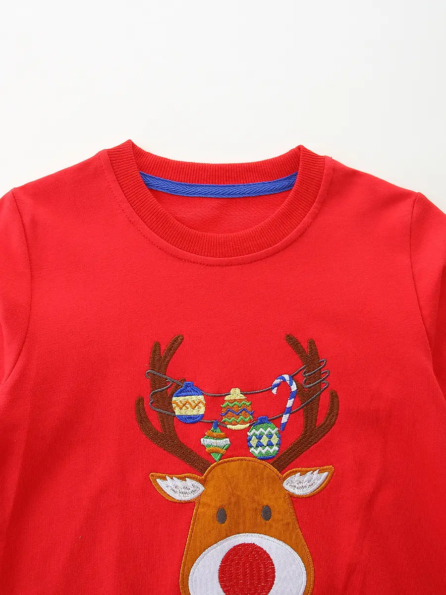Red Christmas Deer T-Shirt for Kids Knitted Cotton - Image 6